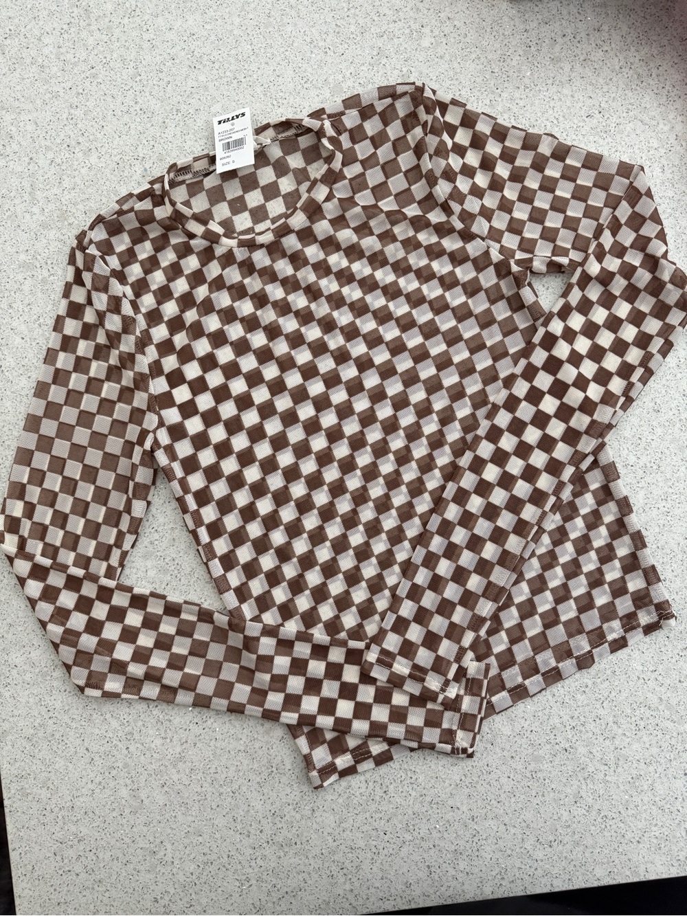 NWT Brown & Cream Checkerboard Long Sleeve Mesh Layering Top size small